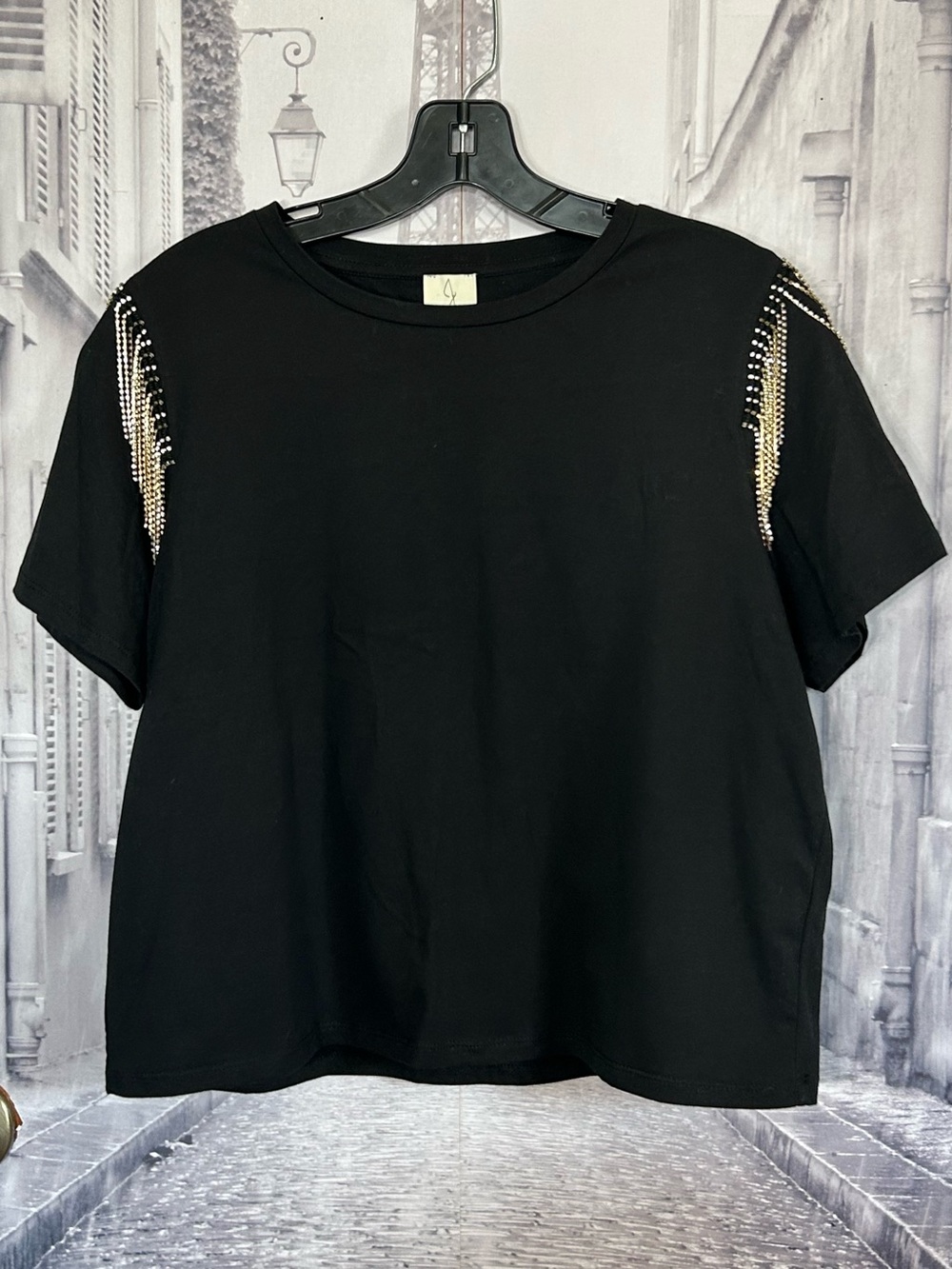 Joie Black Short-Sleeve Tee with Rhinestone Tassels on Shoulders